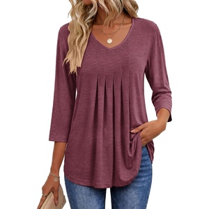 image:imageEkouaer 34 Length Sleeve Womens Tops V Neck Blouses Pleated Casual ShirtsWine Red