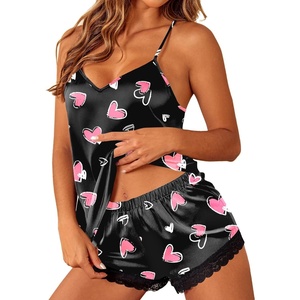 image:imageEkouaer Lingerie for Women Sexy Satin Silk Pajama Sets Lace Cami Short PjBlack Hearts