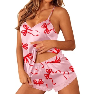 image:imageEkouaer Lingerie for Women Sexy Satin Silk Pajama Sets Lace Cami Short PjPink Bow