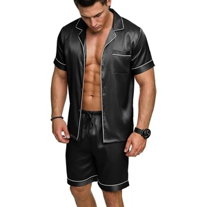 image:imageEkouaer Mens Silk Satin Pajamas Set Short Sleeve Button Up Lounge Pjs SetBlack
