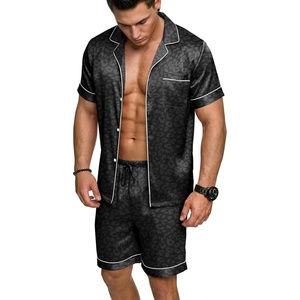 image:imageEkouaer Mens Silk Satin Pajamas Set Short Sleeve Button Up Lounge Pjs SetBlack Leopard