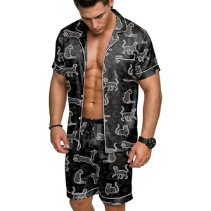 image:imageEkouaer Mens Silk Satin Pajamas Set Short Sleeve Button Up Lounge Pjs SetBlack Panther