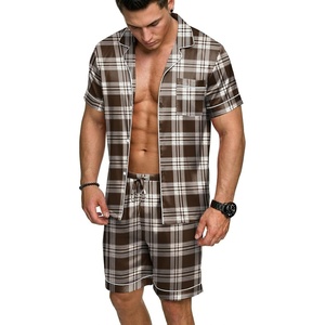 image:imageEkouaer Mens Silk Satin Pajamas Set Short Sleeve Button Up Lounge Pjs SetBrown Plaid