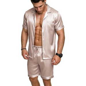 image:imageEkouaer Mens Silk Satin Pajamas Set Short Sleeve Button Up Lounge Pjs SetChampagne