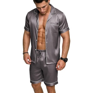 image:imageEkouaer Mens Silk Satin Pajamas Set Short Sleeve Button Up Lounge Pjs SetDark Gray