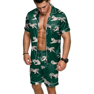 image:imageEkouaer Mens Silk Satin Pajamas Set Short Sleeve Button Up Lounge Pjs SetDeep TealTiger