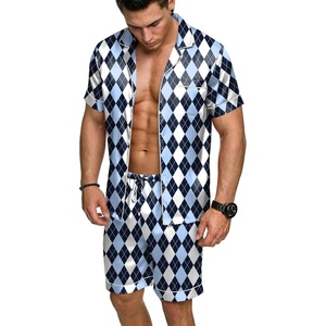 image:imageEkouaer Mens Silk Satin Pajamas Set Short Sleeve Button Up Lounge Pjs SetDiamond Pattern