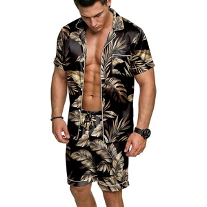 image:imageEkouaer Mens Silk Satin Pajamas Set Short Sleeve Button Up Lounge Pjs SetGold Tropical Print