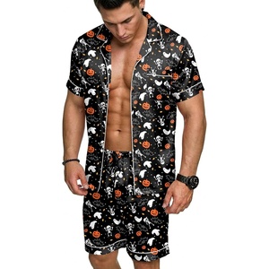 image:imageEkouaer Mens Silk Satin Pajamas Set Short Sleeve Button Up Lounge Pjs SetHalloween Black