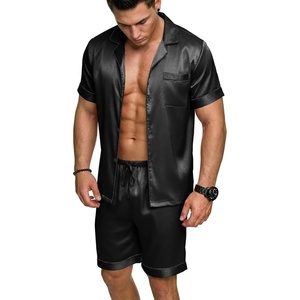 image:imageEkouaer Mens Silk Satin Pajamas Set Short Sleeve Button Up Lounge Pjs SetSolid Black
