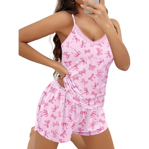 image:imageEkouaer Pajama Sets for Women Cute Printed Lace Cami Pj Shorts SetBow