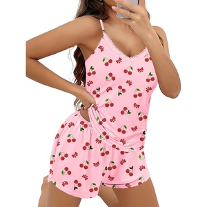 image:imageEkouaer Pajama Sets for Women Cute Printed Lace Cami Pj Shorts SetCherry