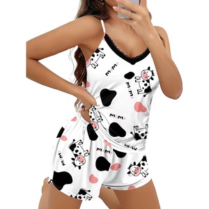image:imageEkouaer Pajama Sets for Women Cute Printed Lace Cami Pj Shorts SetCow Print