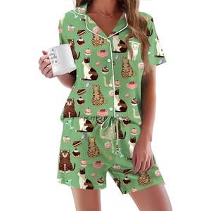 image:imageEkouaer Pajamas Set for Women Short Sleeve Sleepwear Button Down Pj XSXXXLGreen Cat Print