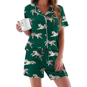 image:imageEkouaer Pajamas Set for Women Short Sleeve Sleepwear Button Down Pj XSXXXLGreen Tiger Print