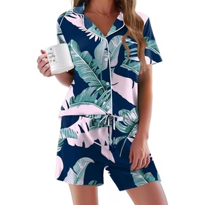 image:imageEkouaer Pajamas Set for Women Short Sleeve Sleepwear Button Down Pj XSXXXLNavy Leaves