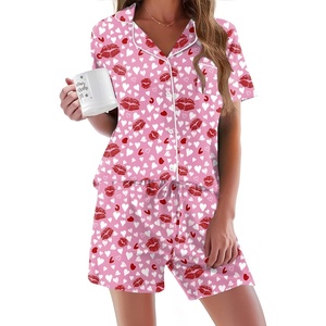 image:imageEkouaer Pajamas Set for Women Short Sleeve Sleepwear Button Down Pj XSXXXLPink Heart Lips Print