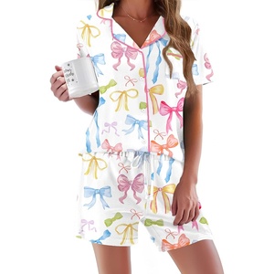 image:imageEkouaer Pajamas Set for Women Short Sleeve Sleepwear Button Down Pj XSXXXLWhite With Colorful Bows