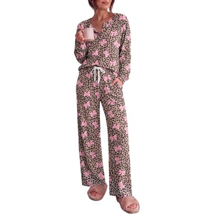 image:imageEkouaer Pajamas for Women Set Soft Longe Sleeve 2 Piece Lounge SetLeopard  Bow