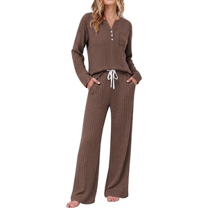 image:imageEkouaer Womens 2 Piece Lounge Set Long Sleeve Knit Ribbed Pajama SetsBrown