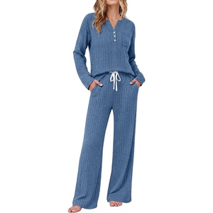 image:imageEkouaer Womens 2 Piece Lounge Set Long Sleeve Knit Ribbed Pajama SetsGray Blue