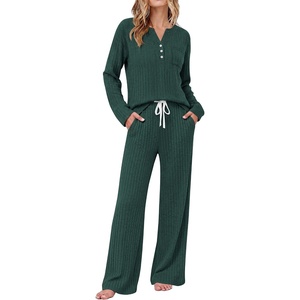 image:imageEkouaer Womens 2 Piece Lounge Set Long Sleeve Knit Ribbed Pajama SetsLake Green