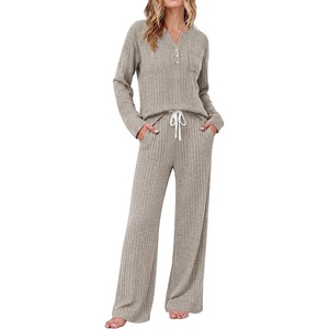 image:imageEkouaer Womens 2 Piece Lounge Set Long Sleeve Knit Ribbed Pajama SetsMoon Gray