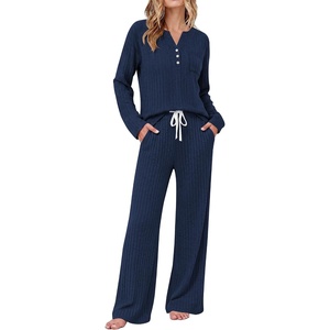 image:imageEkouaer Womens 2 Piece Lounge Set Long Sleeve Knit Ribbed Pajama SetsNavy Blue