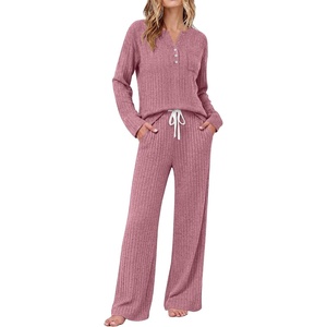 image:imageEkouaer Womens 2 Piece Lounge Set Long Sleeve Knit Ribbed Pajama SetsPurple Red