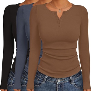 image:imageEkouaer Womens Henley Long Sleeve Shirts 3 Packs Ribbed Knit Thermal TopsBlack  Dark Gray  Brown 3pcs