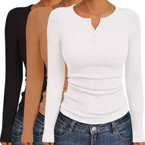 image:imageEkouaer Womens Henley Long Sleeve Shirts 3 Packs Ribbed Knit Thermal TopsBlack  White  Light Brown 3pcs