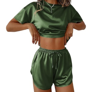 image:imageEkouaer Womens Silk Pajama Sets Side Split Shorts Satin Pjs Sexy Lounge SetArmy Green
