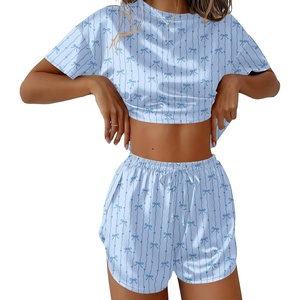 image:imageEkouaer Womens Silk Pajama Sets Side Split Shorts Satin Pjs Sexy Lounge SetBlue Bow