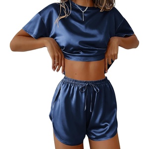 image:imageEkouaer Womens Silk Pajama Sets Side Split Shorts Satin Pjs Sexy Lounge SetNavy
