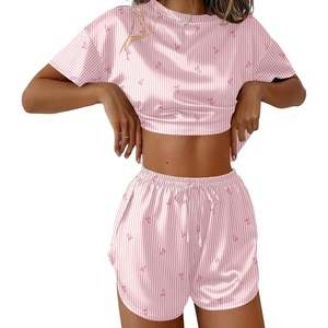 image:imageEkouaer Womens Silk Pajama Sets Side Split Shorts Satin Pjs Sexy Lounge SetPink Striped Bow