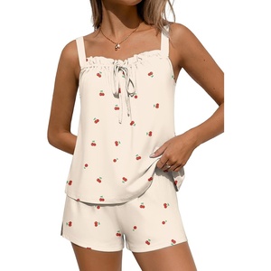 image:imageEkouaer Womens Sleeveless Pajamas Sets Cute Tank Top and Shorts Lounge SetBeige Cherry