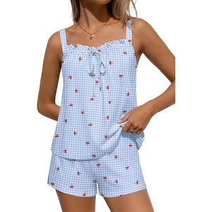 image:imageEkouaer Womens Sleeveless Pajamas Sets Cute Tank Top and Shorts Lounge SetCherry Plaid
