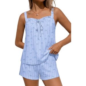 image:imageEkouaer Womens Sleeveless Pajamas Sets Cute Tank Top and Shorts Lounge SetHeart Bow Blue
