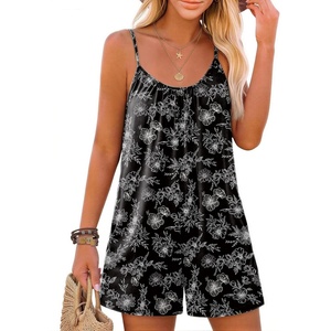 image:imageEkouaer Womens Summer Rompers Beach Vacation Outfits Adjustable JumpsuitsBlack Floral