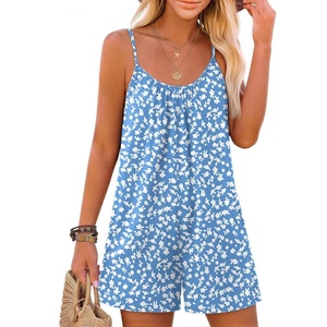 image:imageEkouaer Womens Summer Rompers Beach Vacation Outfits Adjustable JumpsuitsBlue White Floral
