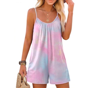 image:imageEkouaer Womens Summer Rompers Beach Vacation Outfits Adjustable JumpsuitsPink Tiedye