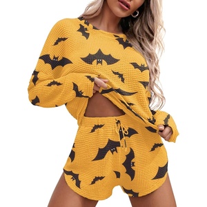 image:imageEkouaer Womens Waffle Knit Pajama Sets Long Sleeve Top and Shorts Matching Lounge Set Loungewear Sweatsuit with PocketsHalloween