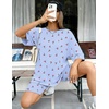 image:imageEkouaer Women 2 Piece Lounge Sets Ribbed Knit Oversized Shirt Biker ShortsBlue Cherry