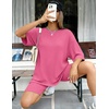 image:imageEkouaer Women 2 Piece Lounge Sets Ribbed Knit Oversized Shirt Biker ShortsRose Pink