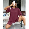 image:imageEkouaer Women 2 Piece Lounge Sets Ribbed Knit Oversized Shirt Biker ShortsWine Red