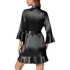 image:imageEkouaer Womens Satin Robe Short Ruffle Hem Silky Kimono Brides BathrobesBlack