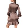 image:imageEkouaer Womens Satin Robe Short Ruffle Hem Silky Kimono Brides BathrobesBrown