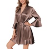 image:imageEkouaer Womens Satin Robe Short Ruffle Hem Silky Kimono Brides BathrobesBrown