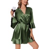 image:imageEkouaer Womens Satin Robe Short Ruffle Hem Silky Kimono Brides BathrobesDark Army Green