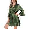 image:imageEkouaer Womens Satin Robe Short Ruffle Hem Silky Kimono Brides BathrobesDark Army Green